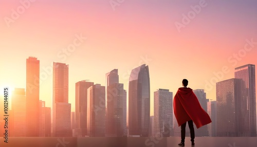 Futuristic businessman in red cape striking superhero pose against a stunning dusk skyline, inspiring power and ambition