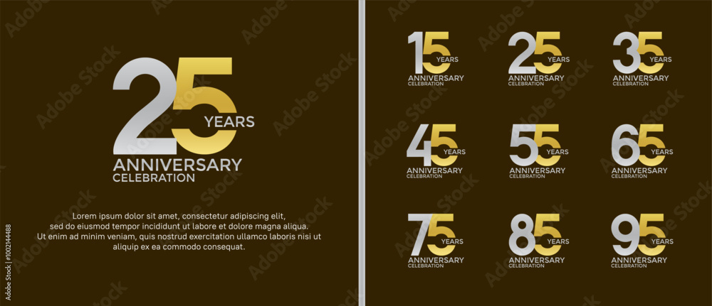 set of anniversary logo flat silver and gold color on brown background for celebration moment set of anniversary logo flat silver and gold color on brown background for celebration moment