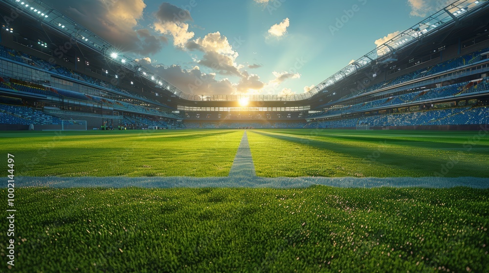 Sunlit soccer stadium with empty tribunes and lush green field Sunlit soccer stadium with empty tribunes and lush green field