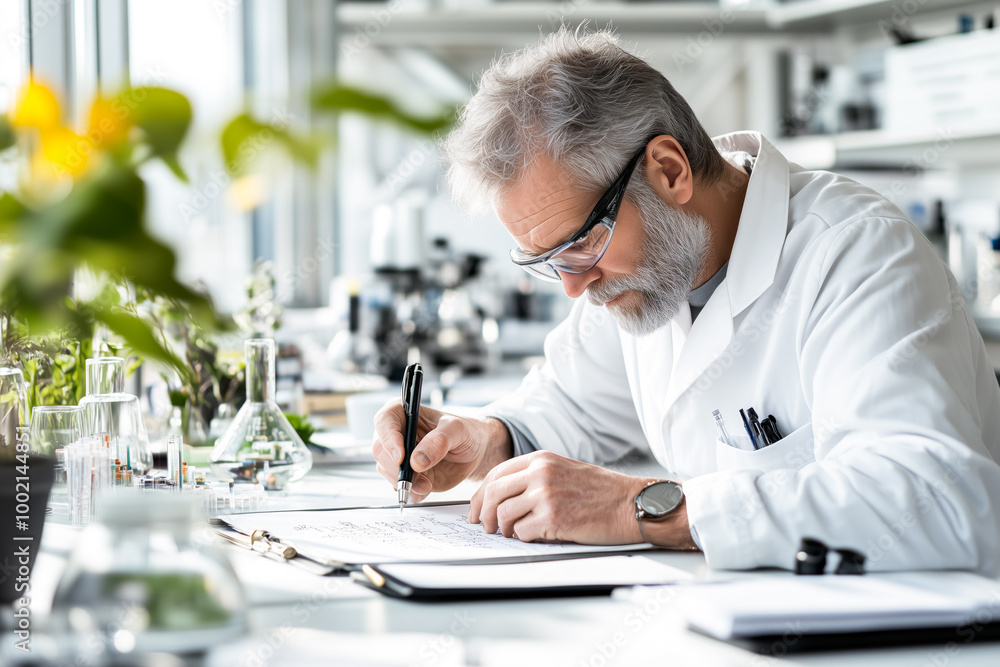 Scientist working in a lab writing research notes Scientist working in a lab writing research notes