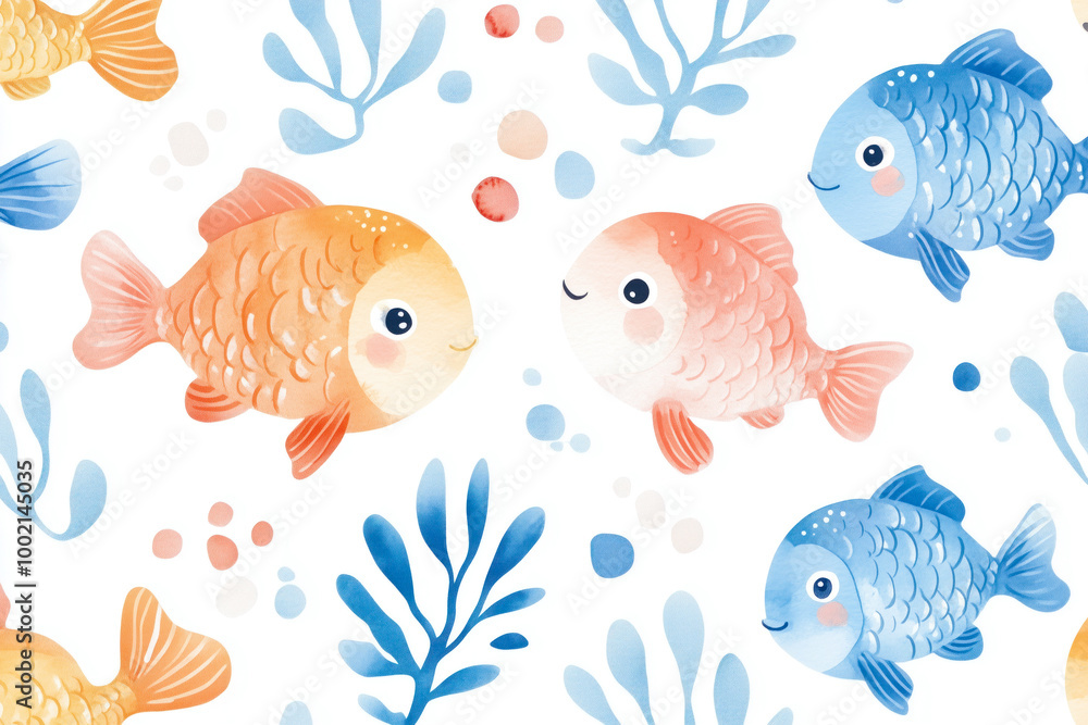 Fototapeta premium Cute watercolor fish seamless pattern for children