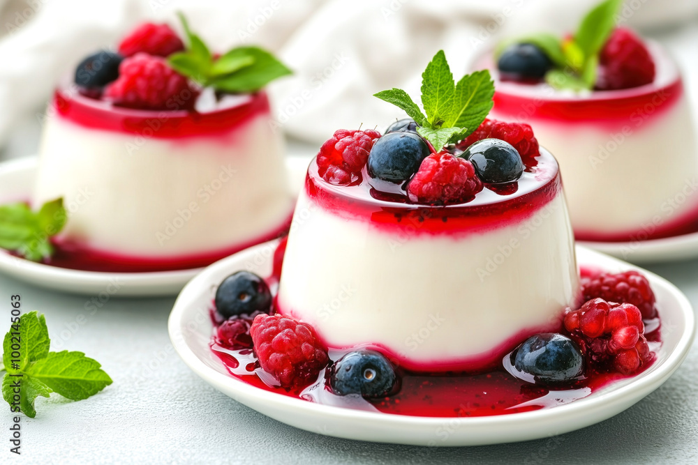 Freshly made panna cotta with mixed berries and mint Freshly made panna cotta with mixed berries and mint