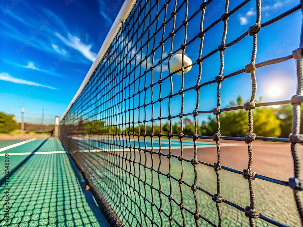 Closeup View of a Tennis Net on the Court with a Clear Blue Sky in the Background Closeup View of a Tennis Net on the Court with a Clear Blue Sky in the Background