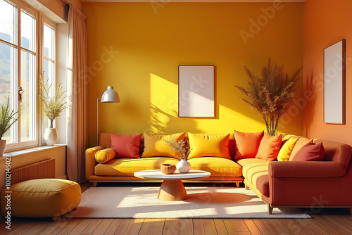Cozy living room with an analogous color scheme of yellow, orange, and red, giving a warm and inviting feel