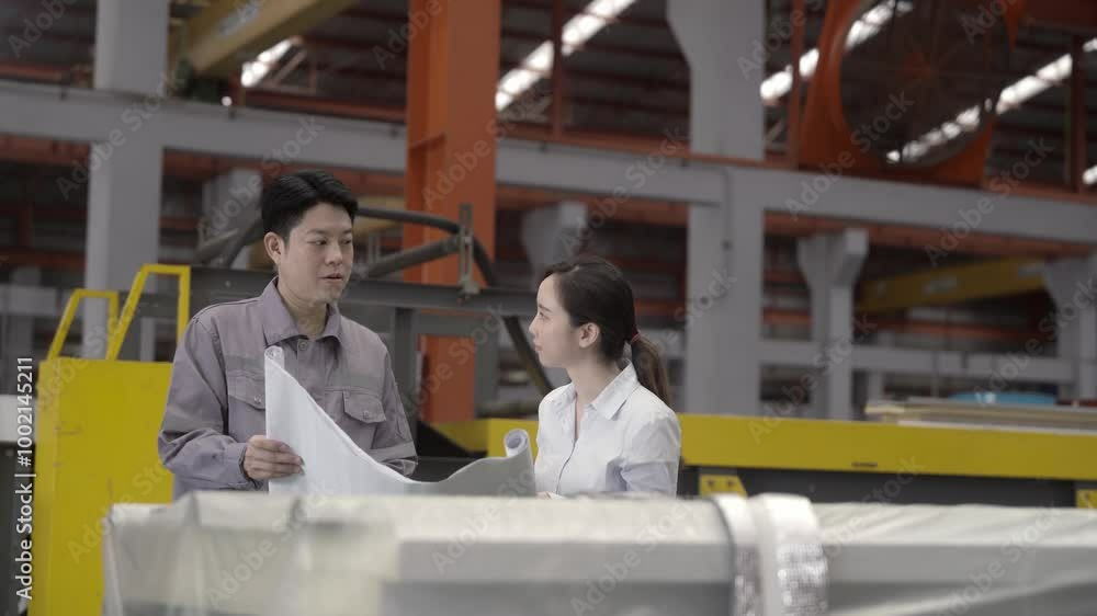 Young female warehouse worker, adult male manager working in a factory warehouse, talking together. Working in industrial plants, warehouses preparing for export, factory standard inspections Young female warehouse worker, adult male manager working in a factory warehouse, talking together. Working in industrial plants, warehouses preparing for export, factory standard inspections