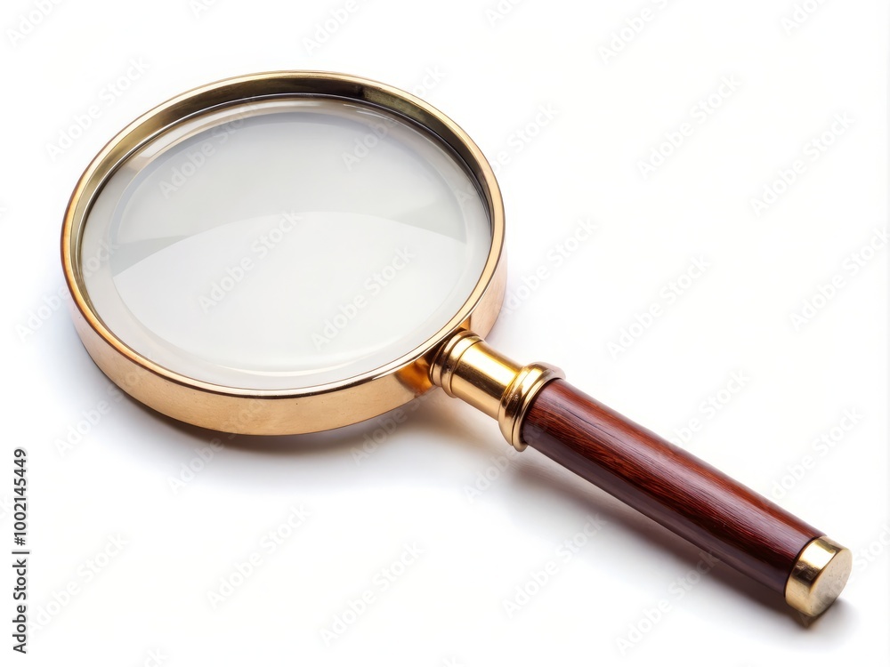 Close-Up View of Magnifying Glass on a White Background for Educational and Scientific Purposes Close-Up View of Magnifying Glass on a White Background for Educational and Scientific Purposes