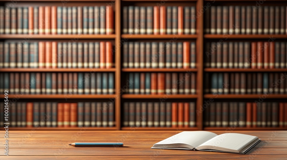 Fototapeta premium Open Notebook and Pencil on Wooden Desk in Library