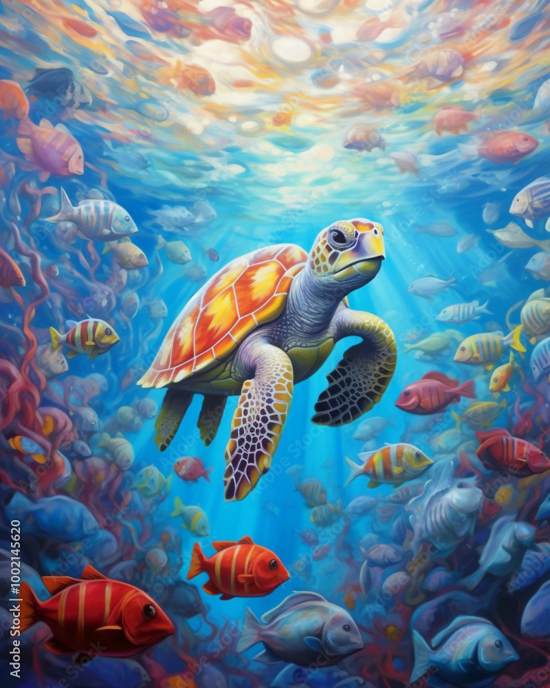 Fototapeta premium Adorn your wall with a multicolor baby turtle featuring a captivating Serenity by the Sea