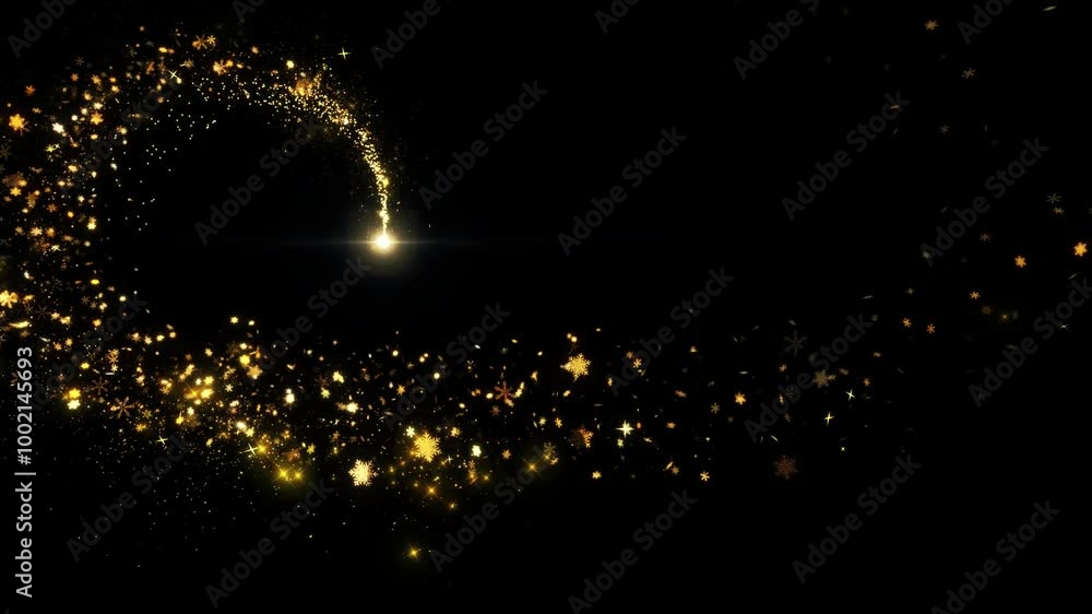 Gold glittering star dust trail sparkling particles black background. Space Golden flying particles. Shining Magic Light. Fairy Tail Glitter Particles Sparkling Glitter Trail Particle Awards 4K 3D
