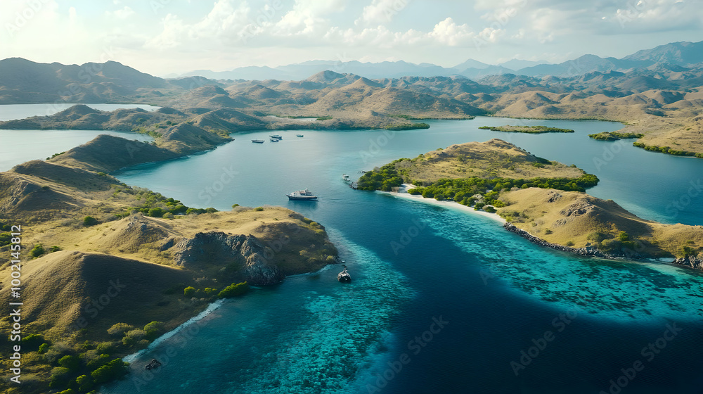 Aerial View of a Tropical Island with Lush Green Hills and Turquoise Waters Aerial View of a Tropical Island with Lush Green Hills and Turquoise Waters