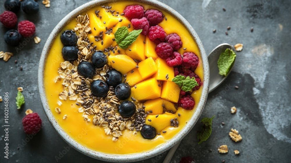A vibrant mango smoothie bowl with colorful toppings such as granola, berries, and seeds, styled beautifully for a health-conscious audience. A vibrant mango smoothie bowl with colorful toppings such as granola, berries, and seeds, styled beautifully for a health-conscious audience.