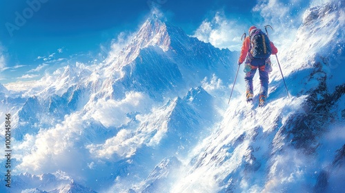 A climber ascends a snowy mountain peak surrounded by clouds.