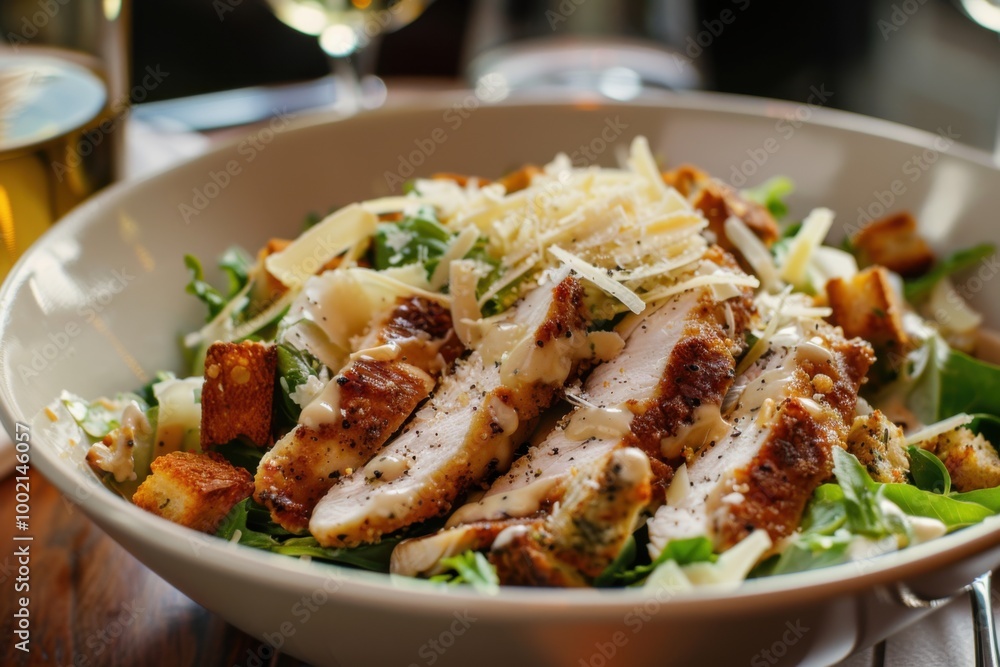 A crispy chicken Caesar salad with romaine lettuce, croutons, and Parmesan A crispy chicken Caesar salad with romaine lettuce, croutons, and Parmesan