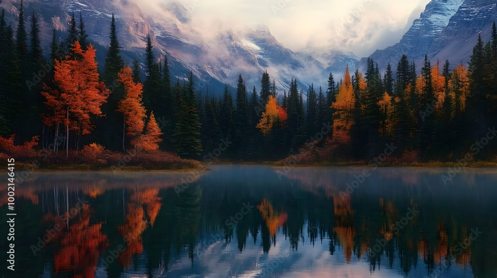 Obraz premium Stunning Mountain Lake Reflection with Autumn Colors
