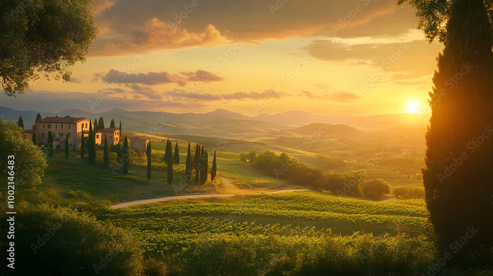 Golden Hour in the Italian Countryside: A Picturesque Farmhouse and Vineyard Landscape Golden Hour in the Italian Countryside: A Picturesque Farmhouse and Vineyard Landscape