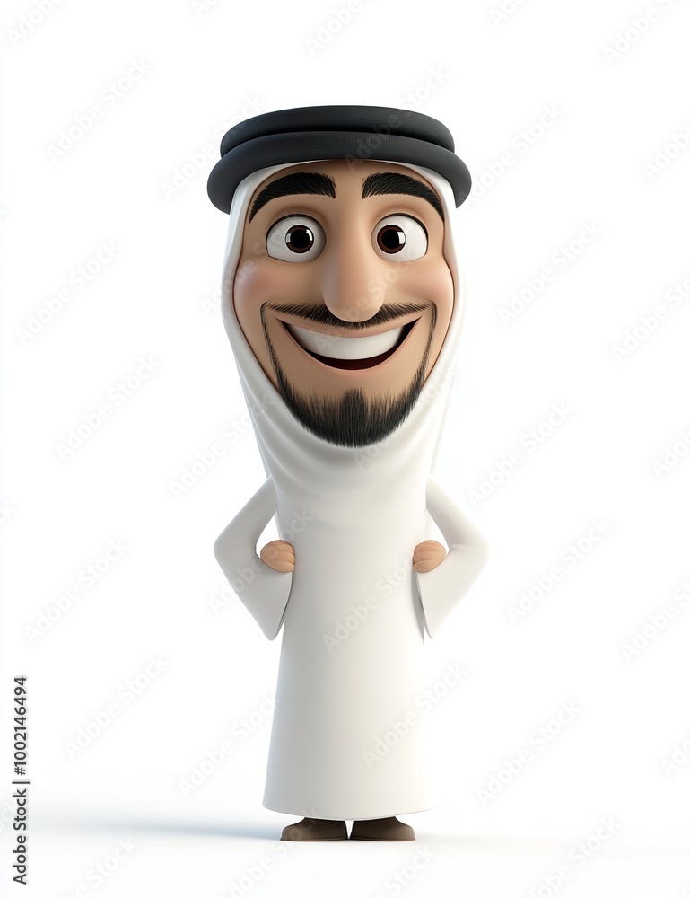 3D cartoon of a happy smiling Arab man wearing traditional attire 3D cartoon of a happy smiling Arab man wearing traditional attire