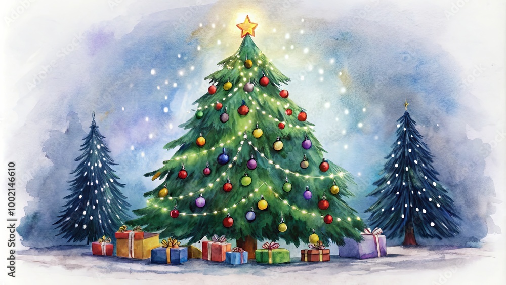 New Year's decorated Christmas tree with gifts under it in the winter forest New Year's decorated Christmas tree with gifts under it in the winter forest