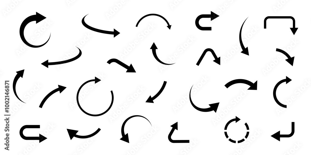 Arrow sign. Curved arrows. Black arrows set. Flat style icons. Arrow sign. Curved arrows. Black arrows set. Flat style icons.