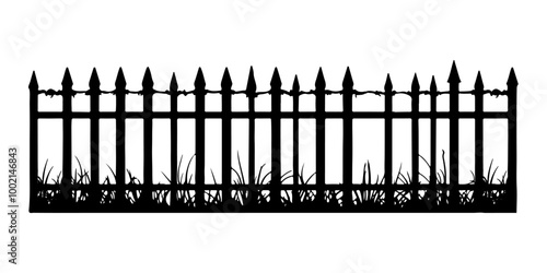 Old fence, graveyard fencing. Element silhouette fence of Halloween decor. Isolated on white background.