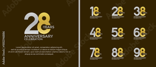 set of anniversary logo flat silver and gold color on brown background for celebration moment