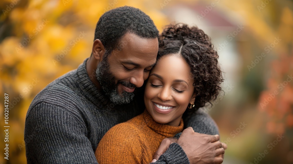 A couple hugging each other in front of their fully paid-off home A couple hugging each other in front of their fully paid-off home