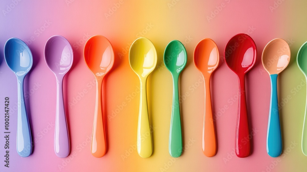A whimsical shot of colorful spoons arranged in a rainbow pattern, capturing the playful and fun aspects of mealtime, perfect for children's dining. A whimsical shot of colorful spoons arranged in a rainbow pattern, capturing the playful and fun aspects of mealtime, perfect for children's dining.