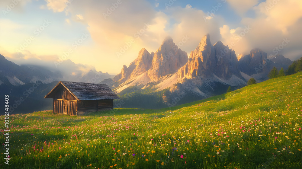Wooden Cabin in a Mountain Meadow with Wildflowers Wooden Cabin in a Mountain Meadow with Wildflowers