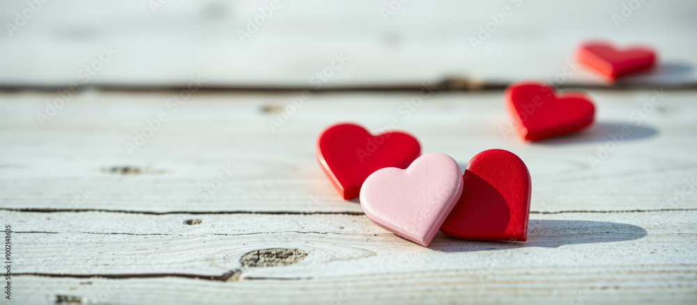 Fototapeta premium Red and Pink Hearts on Wooden Background