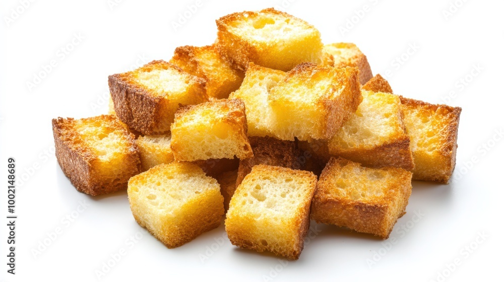 Baked Gold Croutons: Toasted Bread Snack for Soup Isolated on White Baked Gold Croutons: Toasted Bread Snack for Soup Isolated on White