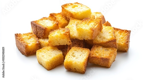 Baked Gold Croutons: Toasted Bread Snack for Soup Isolated on White