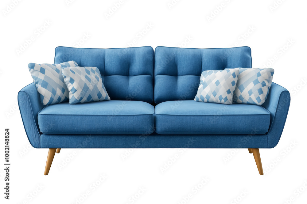Fototapeta premium Blue designer sofa with pillows and legs on transparent background