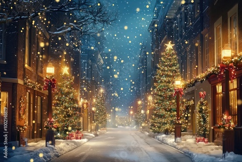 Night in the city Christmas scene with festive lights illuminating buildings, decorated trees, and sparkling street decorations.