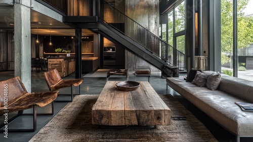 Modern rustic living room with a mix of industrial and natural materials, such as wood and metal.