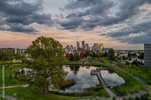 Aerial autumn sunset view of Vilnius downtown, japanese garden, Lithuania