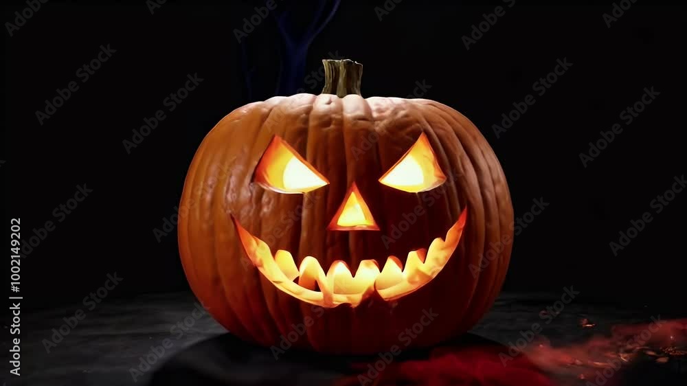 A lit jack-o'-lantern with a scary grin, with smoke rising from the top, set against a dark background. A lit jack-o'-lantern with a scary grin, with smoke rising from the top, set against a dark background.