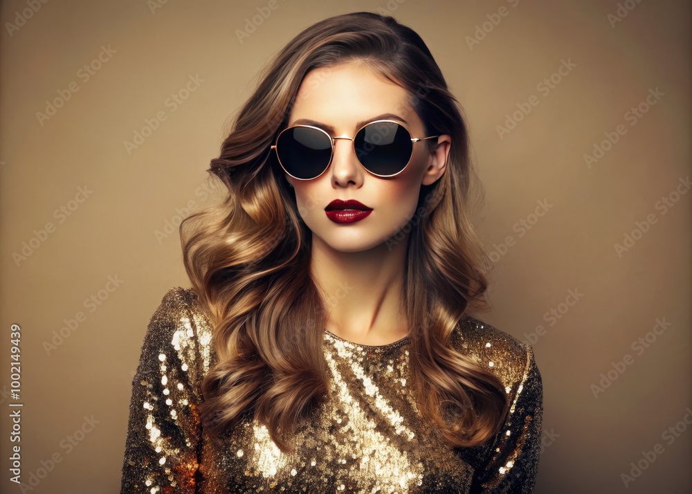 Confident Glamour: Woman in Sequinned Shirt and Sunglasses Posing Against a Beige Background Confident Glamour: Woman in Sequinned Shirt and Sunglasses Posing Against a Beige Background