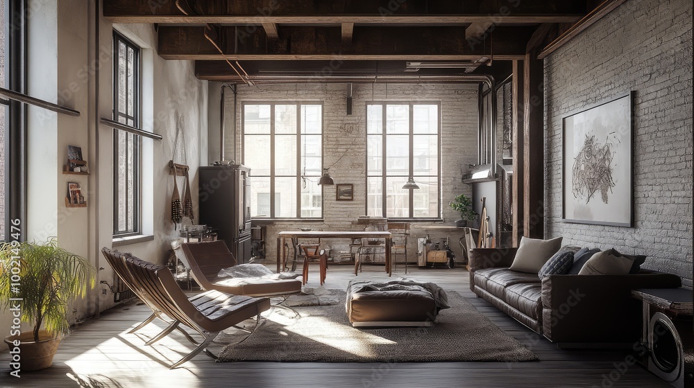 Modern rustic loft living room with exposed beams, metal accents, and cozy, industrial-style furniture. Modern rustic loft living room with exposed beams, metal accents, and cozy, industrial-style furniture.