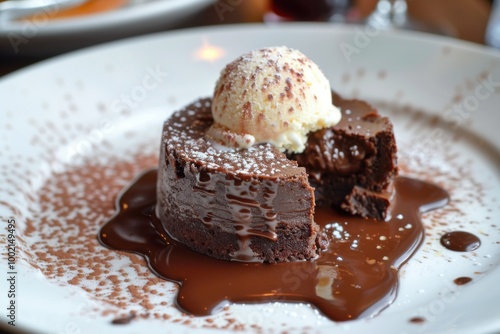 A decadent chocolate dessert with a molten center, served with a scoop of vanilla ice cream