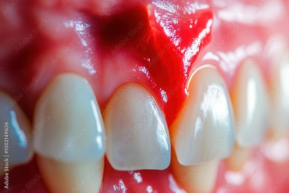 Fototapeta premium Red and swollen gums with bleeding, advanced gingivitis symptoms