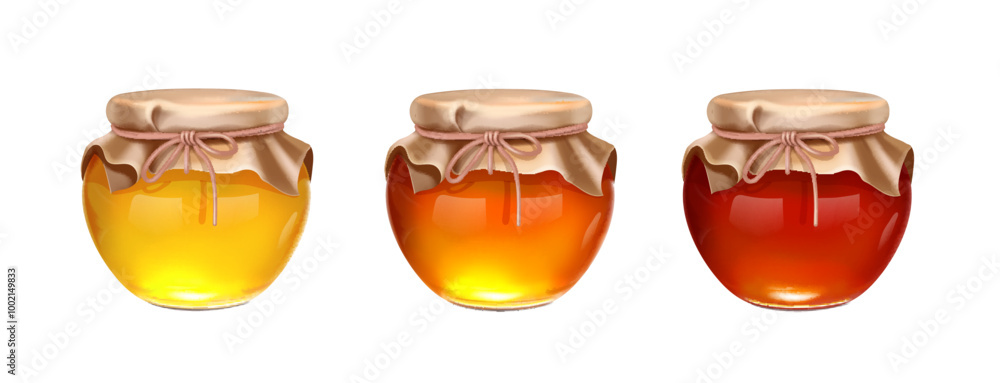 Glass jar with with honey. Different honey colors in glass mason pot. Packaging collection of yellow jam, confiture. Realistic set isolated on white background Glass jar with with honey. Different honey colors in glass mason pot. Packaging collection of yellow jam, confiture. Realistic set isolated on white background