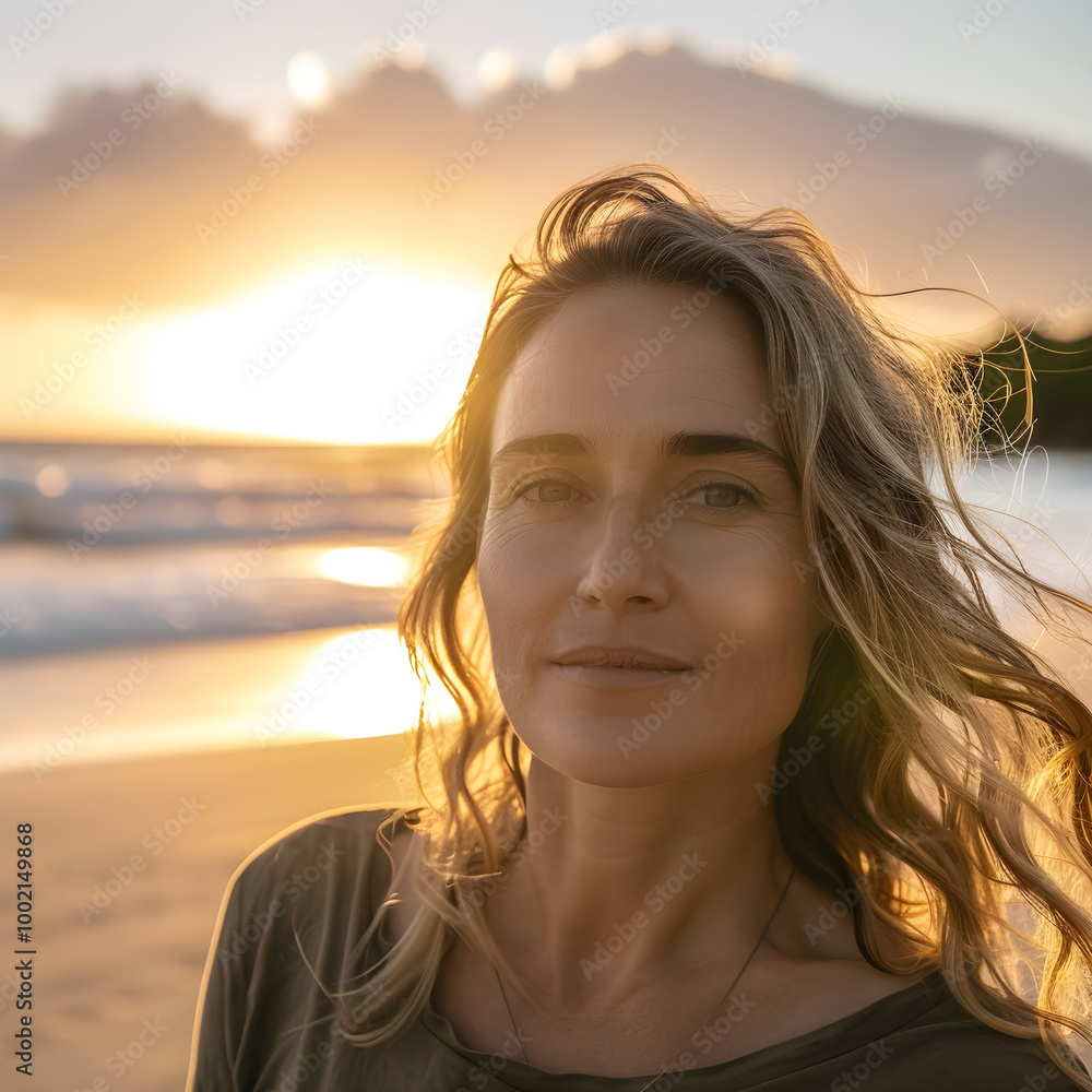 Fototapeta premium Woman enjoying sunset on the beach with wind in hair