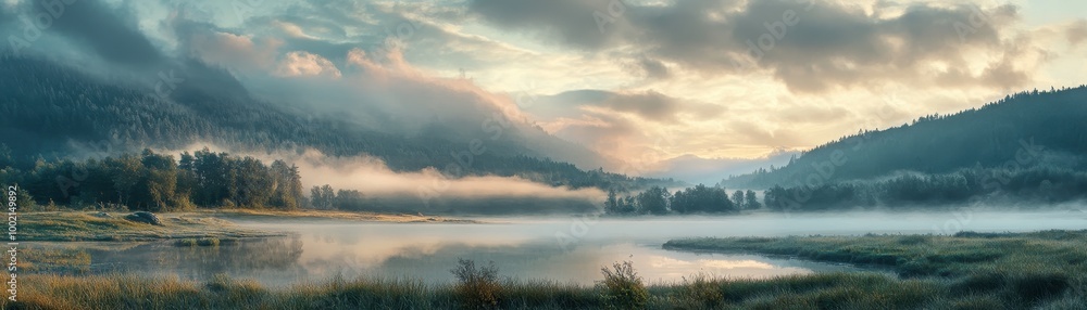 Serene Morning Landscape with Misty Lake and Forested Mountains Under a Cloudy Sky Serene Morning Landscape with Misty Lake and Forested Mountains Under a Cloudy Sky