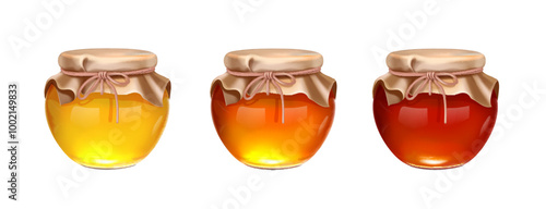 Glass jar with with honey. Different honey colors in glass mason pot. Packaging collection of yellow jam, confiture. Realistic set isolated on white background