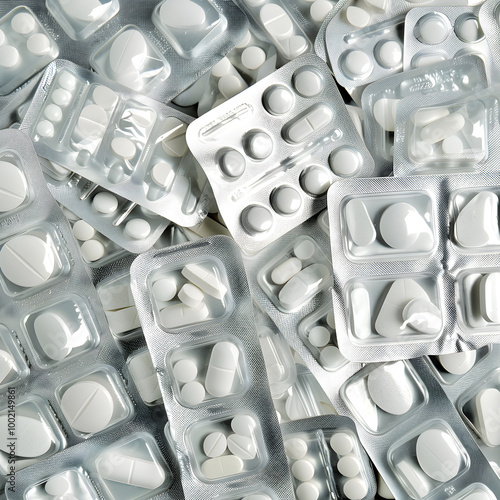 Blister packs of pills creating healthcare background image