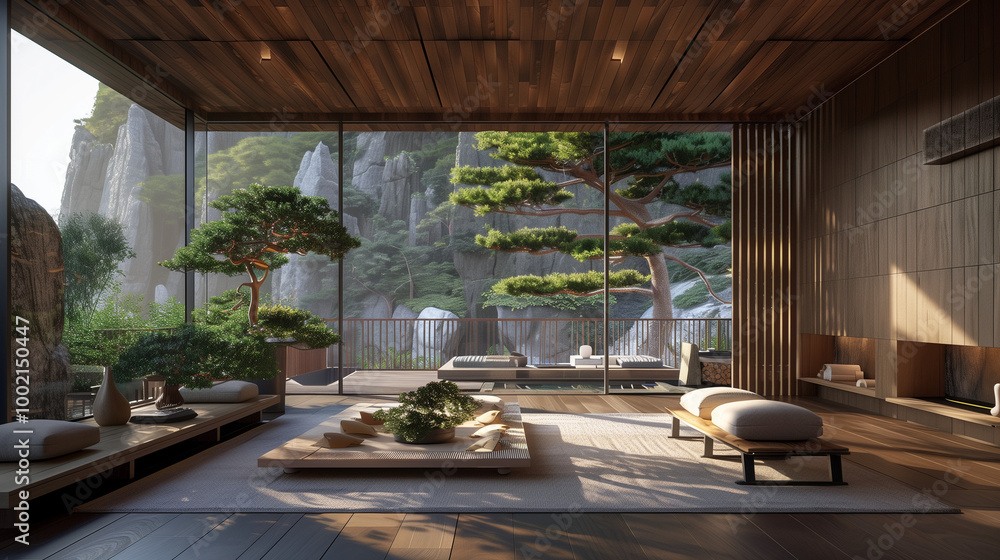 Fototapeta premium Rustic dining area with Japanese-style wood and stone feel furniture, a pot stove, and a Zen garden 