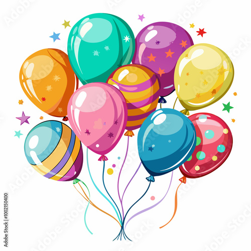 Set of balloons on transparent white background. Party Balloons event design decoration. Mockup for balloon print. Vector.