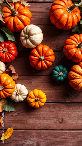 Assorted Pumpkins on Wooden Background