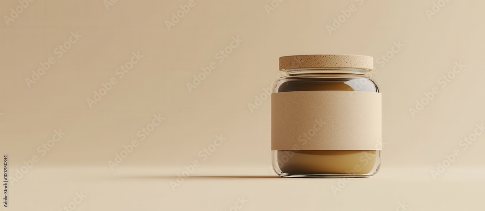 Minimalist Glass Jar with Blank Label on Beige Background - Perfect for Branding and Product Mockups Minimalist Glass Jar with Blank Label on Beige Background - Perfect for Branding and Product Mockups