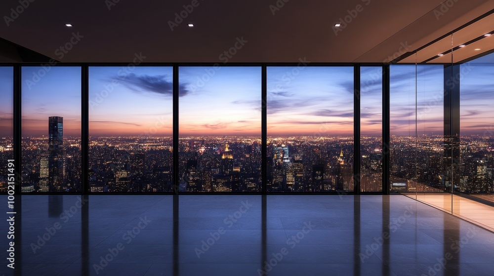 Fototapeta premium Empty high-rise room with large glass windows overlooking the stunning lights of the city at night.