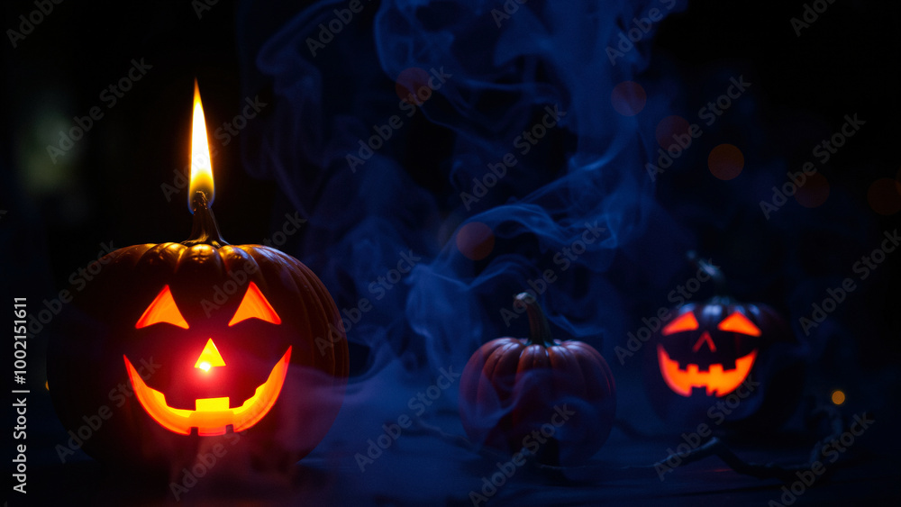 Halloween Jack-O-Lantern With Smoke And Bokeh Halloween Jack-O-Lantern With Smoke And Bokeh
